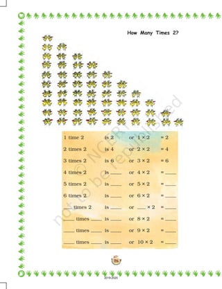 126
How Many Times 2?
1 time 2 is 2 or 1 × 2 = 2
2 times 2 is 4 or 2 × 2 = 4
3 times 2 is 6 or 3 × 2 = 6
4 times 2 is or 4 × 2 =
5 times 2 is or 5 × 2 =
6 times 2 is or 6 × 2 =
times 2 is or × 2 =
times is or 8 × 2 =
times is or 9 × 2 =
times is or 10 × 2 =
2019-2020
 