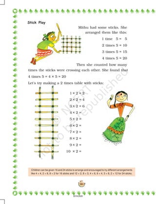 130
Stick Play
Mithu had some sticks. She
arranged them like this:
1 time 5 = 5
2 times 5 = 10
3 times 5 = 15
4 times 5 = 20
Then she counted how many
times the sticks were crossing each other. She found that
4 times 5 = 4 × 5 = 20
Let's try making a 2 times table with sticks:
1 × 2 = 2
2 × 2 = 4
3 × 2 = 6
4 × 2 =
5 × 2 =
6 × 2 =
7 × 2 =
8 × 2 =
9 × 2 =
10 × 2 =
Children can be given 16 and 24 sticks to arrange and encouraged to try different arrangements
like 4 × 4, 2 × 8, 8 × 2 for 16 sticks and 12 × 2, 8 × 3, 4 × 6, 6 × 4, 3 × 8, 2 × 12 for 24 sticks.
2019-2020
 