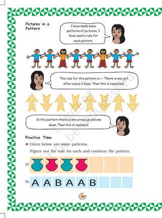 146
146
Pictures in a
Pattern
A A B A A B
I have made some
patterns of pictures. I
have used a rule for
each pattern.
The rule for this pattern is — There is one girl
after every 2 boys. Then this is repeated.
In this pattern there is one arrow up and one
down. Then this is repeated.
Practice Time
N Given below are some patterns.
Figure out the rule for each and continue the pattern.
a)
b)
2019-2020
 