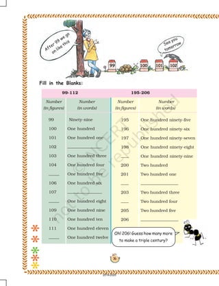 16
99-112 195-206
Number
(in figures)
Number
(in words)
99 Ninety-nine
100 One hundred
101 One hundred one
102
103 One hundred three
104 One hundred four
One hundred five
106 One hundred six
107
One hundred eight
109 One hundred nine
110 One hundred ten
111 One hundred eleven
One hundred twelve
Number
(in words)
Number
(in figures)
195 One hundred ninety-five
196 One hundred ninety-six
197 One hundred ninety-seven
198 One hundred ninety-eight
One hundred ninety-nine
200 Two hundred
201 Two hundred one
203 Two hundred three
Two hundred four
205 Two hundred five
206
Fill in the Blanks:
After 99
we go
on like this
See you
tomorrow
99 100 101 102
Oh! 206! Guess how many more
to make a triple century?
2019-2020
 