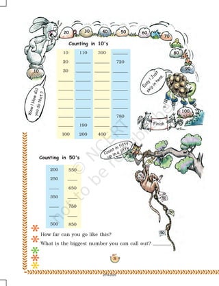 18
Easy
!Just
skip
in
tens.
Counting in 50's
Wow!Howdidyoudothat?
Counting in 10's
Finish
10
20 30 40 50 60
70
80
90
100
110
190
200
10
20
30
100
310
400
720
780
Count in fifty
up in a jiffy
50
50
50
50
550
650
750
850
200
250
350
500
How far can you go like this?
What is the biggest number you can call out?
2019-2020
 