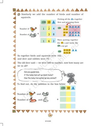 38
Can you guess now,
if the baby lion will go back home?
Has the baby lion eaten up any animal?
Then putting together
the s and lastly the
s we get
Number of and
Number of and
Number of
Number of
Similarly we add the number of birds and number of
squirrels.
So together birds and squirrels were 162,
and deer and rabbits were 75.
The old deer said — we were 240 in number, now how many are
we in all?
To find out, do the addition in the box below:
Putting all the s together
first and grouping them
2019-2020
 