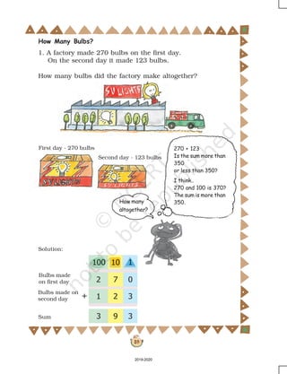 39
First day - 270 bulbs
Second day - 123 bulbs
270 + 123
Is the sum more than
350
or less than 350?
I think..
270 and 100 is 370?
The sum is more than
350.How many
altogether?
Solution:
Bulbs made
on first day
Bulbs made on
second day
Sum
How Many Bulbs?
1. A factory made 270 bulbs on the first day.
On the second day it made 123 bulbs.
How many bulbs did the factory make altogether?
2019-2020
 