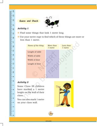 0123456789101113141516171819202112222324
54
Guess and Check
Activity 1
C Find some things that look 1 metre long.
C Use your metre-rope to find which of these things are more or
less than 1 metre.
Activity 2
Some Class III children
have marked a 1 metre
height on the wall of their
class.
You can also mark 1 metre
on your class wall.
Name of the thing More than Less than
1 metre 1 metre
Length of table – –
Width of table – –
Width of door – –
Length of door – –
– –
– –
– –
2019-2020
 