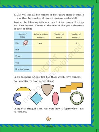65
5. Can you fold all the corners of the square sheet in such a
way that the number of corners remains unchanged?
Look at the following table and tick ( ) the names of things
that have corners. Also count the number of edges and corners
in each of them.
In the following figures, tick ( ) those which have corners.
Do these figures have curved lines?
Using only straight lines, can you draw a figure which has
no corners?
Name of
thing
Whether it has
corners
Number of
edges
Number of
corners
Die Yes 8
Ball
Eraser
Egg
Sheet of paper
2019-2020
 