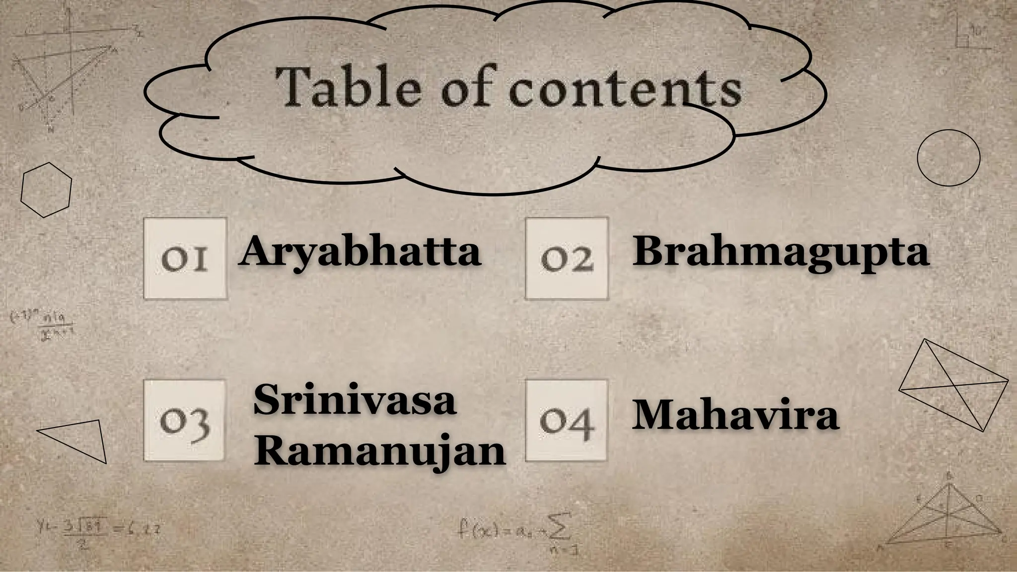Aryabhatta Brahmagupta
Srinivasa
Ramanujan
Mahavira
 