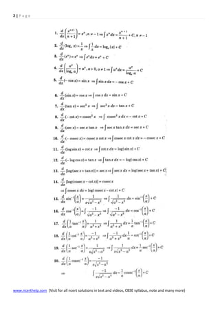 Mathematics notes and formula for class 12 chapter 7. integrals | PDF