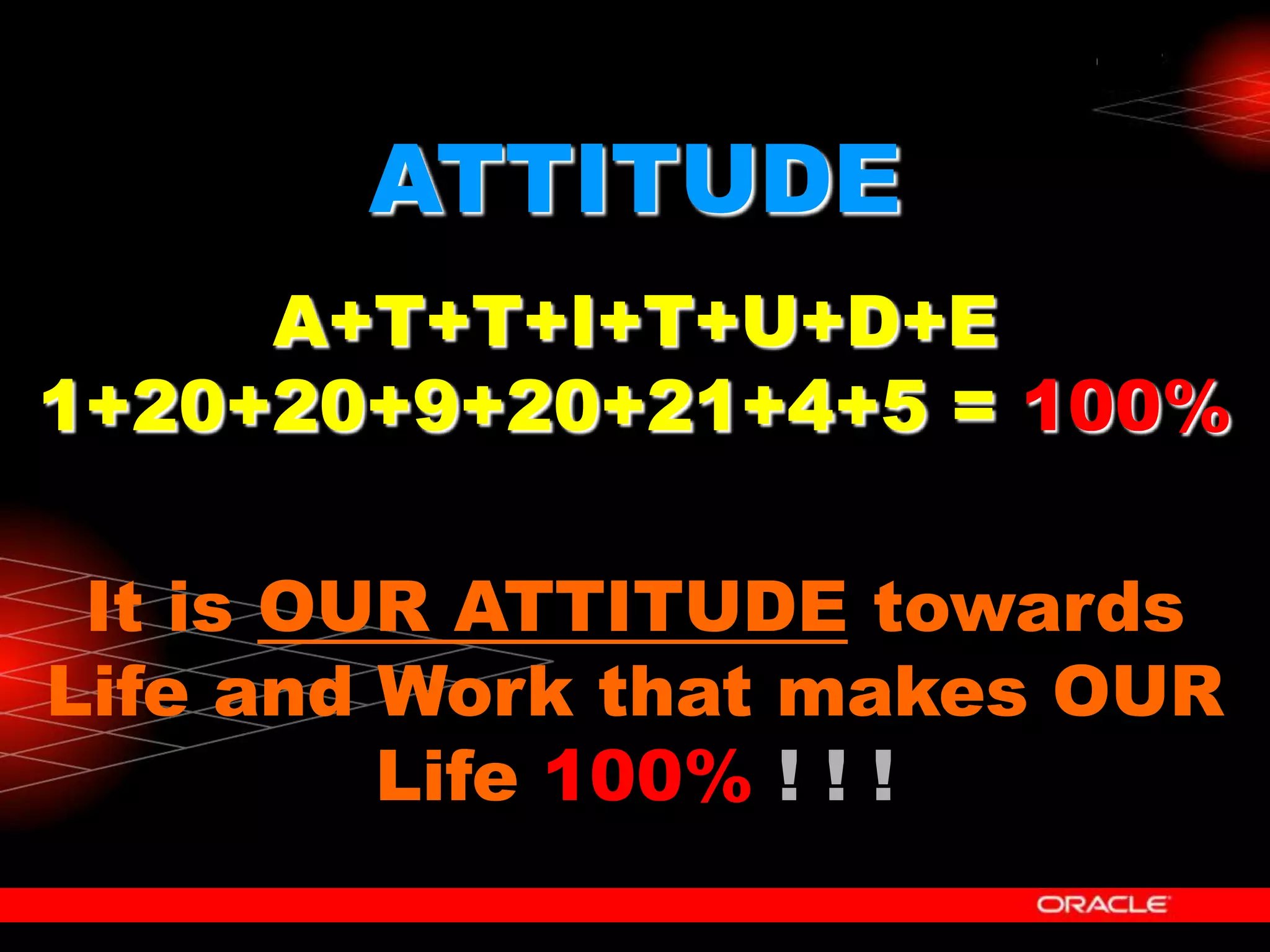ATTITUDE
     A+T+T+I+T+U+D+E
1+20+20+9+20+21+4+5 = 100%

 It is OUR ATTITUDE towards
Life and Work that makes OUR
         Life 100% ! ! !
 