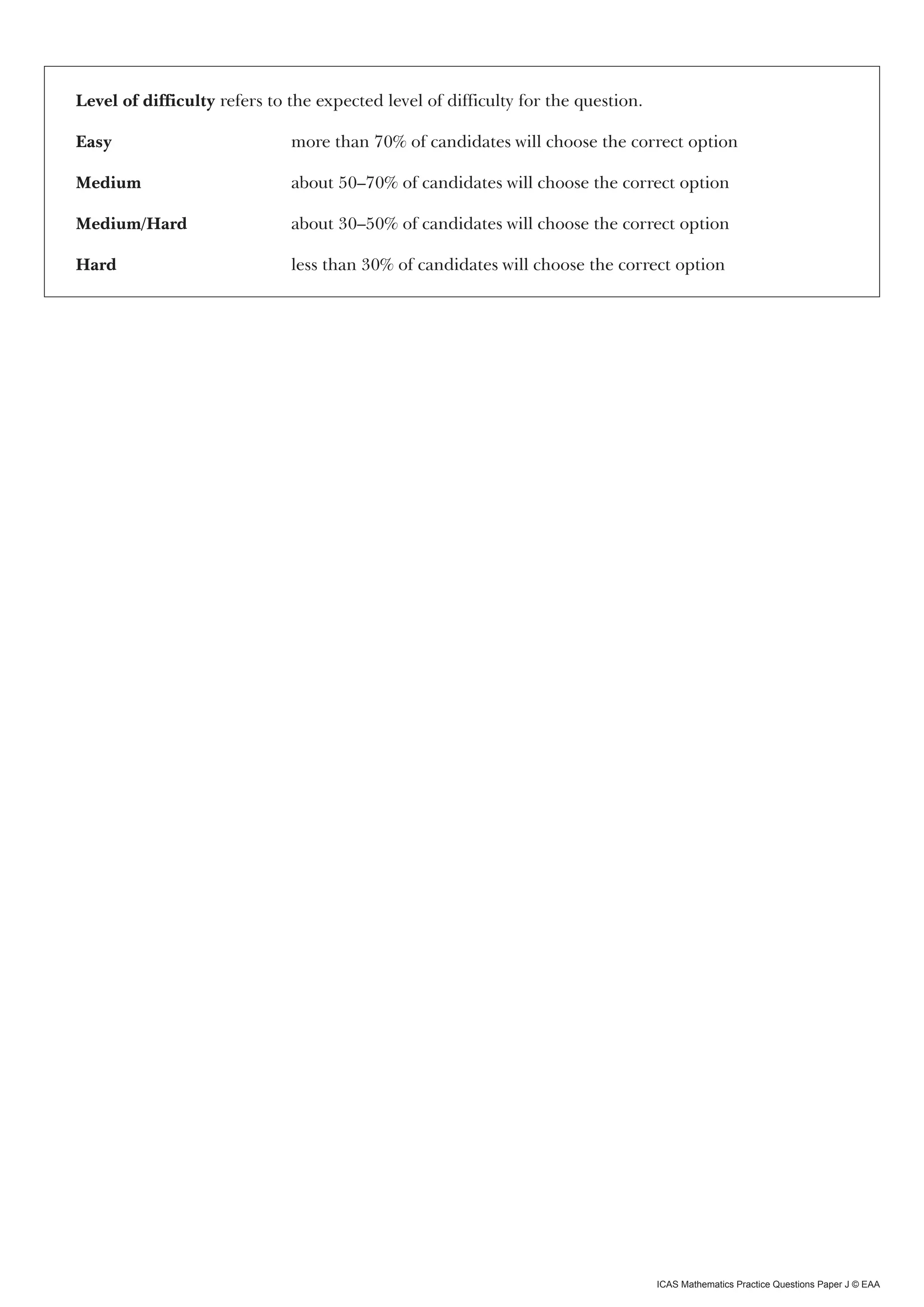 Level of difficulty refers to the expected level of difficulty for the question.

Easy                          more than 70% of candidates will choose the correct option

Medium                        about 50–70% of candidates will choose the correct option

Medium/Hard                   about 30–50% of candidates will choose the correct option

Hard                          less than 30% of candidates will choose the correct option




                                                                                   ICAS Mathematics Practice Questions Paper J © EAA
 