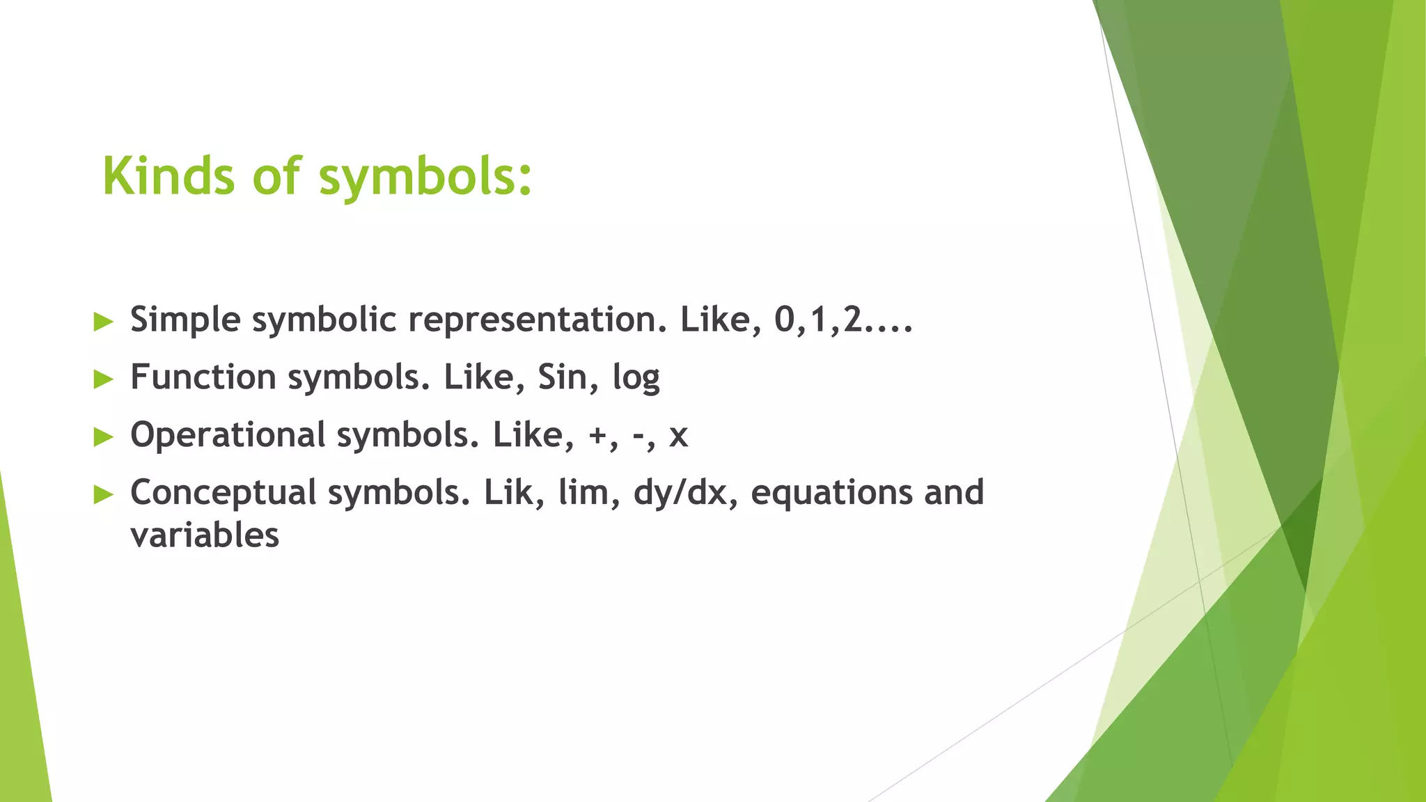 Kinds of symbols:
► Simple symbolic representation. Like, 0,1,2....
► Function symbols. Like, Sin, log
► Operational symbols. Like, +, -, x
► Conceptual symbols. Lik, lim, dy/dx, equations and
variables
 