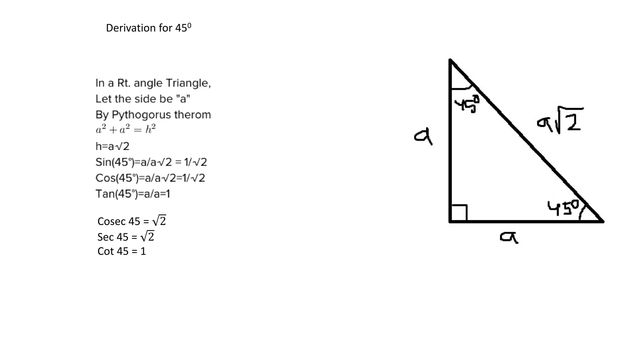 Derivation for 450
Cosec 45 = 2
Sec 45 = 2
Cot 45 = 1
 