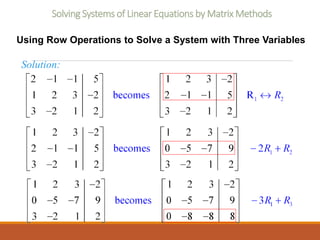 Solving Systems of Linear Equations by Matrix Methods
Using Row Operations to Solve a System with Three Variables
Solution:
 
