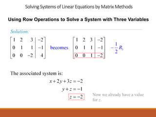 Solving Systems of Linear Equations by Matrix Methods
Using Row Operations to Solve a System with Three Variables
Solution:
Now we already have a value
for z.
 