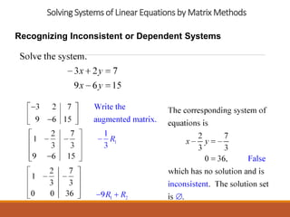 Solving Systems of Linear Equations by Matrix Methods
Recognizing Inconsistent or Dependent Systems
 