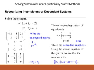 Solving Systems of Linear Equations by Matrix Methods
Recognizing Inconsistent or Dependent Systems
 