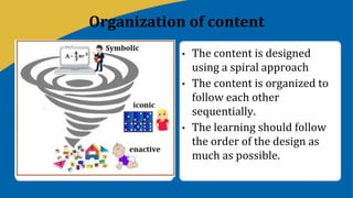 Organization of content
• The content is designed
using a spiral approach
• The content is organized to
follow each other
sequentially.
• The learning should follow
the order of the design as
much as possible.
 