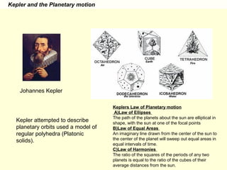 Kepler and the Planetary motion
Johannes Kepler
Kepler attempted to describe
planetary orbits used a model of
regular polyhedra (Platonic
solids).
Keplers Law of Planetary motion
A)Law of Ellipses
The path of the planets about the sun are elliptical in
shape, with the sun at one of the focal points
B)Law of Equal Areas
An imaginary line drawn from the center of the sun to
the center of the planet will sweep out equal areas in
equal intervals of time.
C)Law of Harmonies
The ratio of the squares of the periods of any two
planets is equal to the ratio of the cubes of their
average distances from the sun.
 