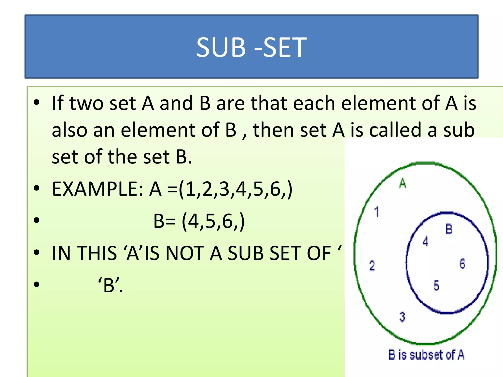 SUB -SET
• If two set A and B are that each element of A is
also an element of B , then set A is called a sub
set of the set B.
• EXAMPLE: A =(1,2,3,4,5,6,)
• B= (4,5,6,)
• IN THIS ‘A’IS NOT A SUB SET OF ‘
• ‘B’.
 