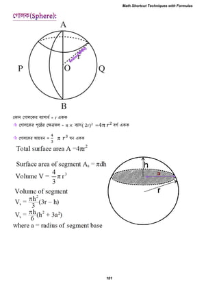 তকান তগাররকয ফযা঳াধব = r একক
 তগাররকয ঩ৃরেয তেত্রপর = π × ফযা঳ 2 =4π ফগব একক
 তগাররকয আয়েন = π ঘন একক
Math Shortcut Techniques with Formulas
101
 