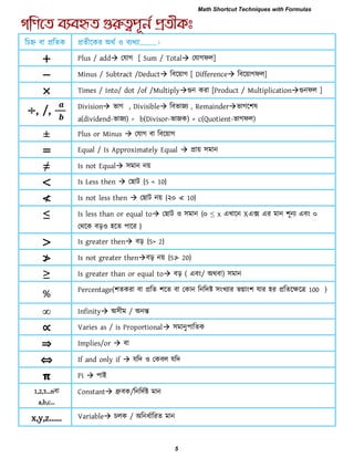 + Plus / add তমাগ [ Sum / Total তমাগপর]
− Minus / Subtract /Deduct রফরয়াগ [ Difference রফরয়াগপর]
× Times / Into/ dot /of /Multiplyগুন কযা [Product / Multiplicationগুনপর ]
÷, /,
𝒂
𝒃
Division বাগ , Divisible রফবাজয , Remainderবাগর঱ল
a(dividend-বাজয) ÷ b(Divisor-বাজক) = c(Quotient-বাগপর)
± Plus or Minus  তমাগ ফা রফরয়াগ
= Equal / Is Approximately Equal  প্রায় ঳ভান
≠ Is not Equal ঳ভান নয়
< Is Less then  ত াি {5 < 10}
≮ Is not less then  ত াি নয় {২০ ≮ 10}
≤ Is less than or equal to ত াি ঑ ঳ভান {০ ≤ x এখারন Xএক্স এয ভান ঱ূনয এফং ০
তথরক ফড়঑ ঴রে ঩ারয }
> Is greater then ফড় {5> 2}
≯ Is not greater thenফড় নয় {5≯ 20}
≥ Is greater than or equal to ফড় ( এফং/ অথফা) ঳ভান
% Percentage(঱েকযা ফা প্ররে ঱রে ফা তকান রনরিষ্ট ঳ংখযায বগ্াং঱ মায ঴য প্ররেরেরর 100 )
∞ Infinity অ঳ীভ / অনন্ত
∝ Varies as / is Proportional ঳ভানু঩ারেক
⇒ Implies/or  ফা
⇔ If and only if  মরি ঑ তকফর মরি
𝛑 Pi  ঩াই
1,2,3...nফা
[,,]…
Constant ধ্রুফক/রনরিিষ্ট ভান
x,y,z…… Variable চরক / অরনধিারযে ভান
Math Shortcut Techniques with Formulas
5
 