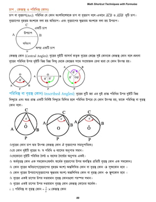 িা঩ ফা ফৃত্তিা঩(Arc): ঩রযরধয তম তকান অাং঱রফর঱লরক িা঩ ফা ফৃত্তিা঩ ফরর।এখারন ̂ ঑ ̂ দুরি িা঩।
ফৃত্তিার঩য ফৃ঴ত্তভ অাং঱রক ফরা ঴য় অরধিা঩। এফাং ফৃত্তিার঩য েু দ্রেভ অাং঱রক ফরা ঴য় উ঩িা঩।
তকন্দ্রস্থ তকান (Central Angles): ফৃরত্তয দুইরি ফযা঳াধব কেৃক ফৃরত্তয তকরন্দ্র ঳ৃষ্ট তকানরক তকন্দ্রস্থ তকান ফরর।অথফা
ফৃরত্তয ঩রযরধয উ঩য দুইরি রবি রবি রফন্দু তথরক তকরন্দ্রয ঳ারথ ঳াংরমাজক তযখা দ্বাযা তম তকান উৎ঩ি ঴য়।
ফৃরত্তয দুরি জযা এয দুই প্রান্ত ঩রযরধয উ঩য দুইরি রবি
রফন্দুরে এফাং অপ্র প্রান্ত একরি রনরদবষ্ট রফন্দুরে রভররে ঴রর ঩রযরধয উ঩রয তম তকান উৎ঩ি ঴য়, োরক ঩রযরধস্থ ফা ফৃত্তস্থ
তকান ফরর।
ফৃরত্তয তকান িা঩ দ্বায উৎ঩ি তকন্দ্রস্থ তকান ঐ ফৃত্তিার঩য ঳ভানু঩ারেক।
তম তকান দুইরি ফৃরত্তয স্ব- স্ব ঩রযরধ ঑ ফযার঳য অনু঩াে ঳ভান।
তমরকারনা দুইরি ঩রযরধয দদঘবয ঑ ফযর঳য দদরঘবযয অনু঩াে একই।
 অধবফৃত্তস্থ তকান এক ঳ভরকান।অথবাৎ অরধবক ফৃত্তিার঩য উ঩য অফরস্থে প্ররেরি ফৃত্তস্থ তকান এক ঳ভরকান।
 তকান ফৃরত্তয অরধিার঩(ফৃত্তিার঩য ফৃ঴ত্তভ অাং঱) অন্তরররখে তকান ফা ফৃত্তস্থ তকান  ঳ূেরকান ঴রফ ।
 তকান ফৃরত্তয উ঩িার঩(ফৃত্তিার঩য েু দ্রেভ অাং঱) অন্তরররখে তকান ফা ফৃত্তস্থ তকান  স্থূররকান ঴রফ ।
 ফৃরত্তয একই িার঩য উ঩য দোয়ভান ফৃত্তস্থ তকানগুররা ঩যস্পয ঳ভান।
 ফৃরত্তয একই িার঩য উ঩য দোয়ভান ফৃত্তস্থ তকান তকন্দ্রস্থ তকারনয অরধবক।
∴ 1 ঩রযরধস্থ ফা ফৃত্তস্থ তকান = × তকন্দ্রস্থ তকান
Math Shortcut Techniques with Formulas
89
 