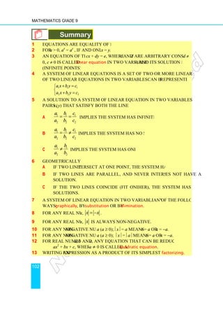 Mathematics Grade 9
102
Summary
1 Equations are equality of expressions.
2 For a  0, ax
= ay
, if and only if
3 An equation of the type
0, c ≠ 0 is called a linear equation
(infinite points).
4 A system of linear equations is a set of two or more linear equations, and a system
of two linear equations in two variables are equations that
1 1 1
2 2 2
a x b y c
a x b y c
+ =


+ =

5 A solution to a system of linear equation in two variables means the set of ordered
pairs (x, y) that satisfy both the linear equations.
a
1 1 1
2 2 2
a b c
a b c
= = implies the system has infinite solutions.
b
1 1 1
2 2 2
a b c
a b c
= ≠ implies the system has no solutions.
c
1 1
2 2
a b
a b
≠ implies the system has one solution.
6 Geometrically,
a If two lines intersect at one point, the system has one solution.
b If two lines are parallel, and never intersect, the system do
solution.
c If the two lines coincide (fit one over the ot
solutions.
7 A system of linear equation in two variables can be solved in
ways: graphically, by
8 For any real number x
9 For any real number x
10 For any non-negative number
11 For any non-negative number
12 For real numbers a, b
ax2
+ bx + c, where
13 Writing an expression as a product of its simplest factors is called
Summary
Equations are equality of expressions.
if and only if x = y.
An equation of the type cx + dy = e, where c and d are arbitrary constants and
linear equation in two variables, and its solution is a line
A system of linear equations is a set of two or more linear equations, and a system
of two linear equations in two variables are equations that can be represented as
a x b y c
A solution to a system of linear equation in two variables means the set of ordered
that satisfy both the linear equations.
implies the system has infinite solutions.
implies the system has no solutions.
implies the system has one solution.
tersect at one point, the system has one solution.
If two lines are parallel, and never intersect, the system do
If the two lines coincide (fit one over the other), the system has infinite
A system of linear equation in two variables can be solved in any of the following
, by substitution or by elimination.
x, x x
= − .
x, x is always non-negative.
negative number a (a ≥ 0); x = a means x = a or x =
negative number a (a ≥ 0);  x = a means x = a or x
b and c, any equation that can be reduced to the form
, where a ≠ 0 is called a quadratic equation.
expression as a product of its simplest factors is called
are arbitrary constants and d ≠
s, and its solution is a line
A system of linear equations is a set of two or more linear equations, and a system
represented as
A solution to a system of linear equation in two variables means the set of ordered
tersect at one point, the system has one solution.
If two lines are parallel, and never intersect, the system does not have a
her), the system has infinite
of the following
= −a.
x = −a.
, any equation that can be reduced to the form
expression as a product of its simplest factors is called factorizing.
 