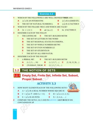 Mathematics Grade 9
110
1 Which of the following collections
a {x x is an interesting bird}.
c The set of natural numbers less than 100.
2 Which of the following
a 2∈ {–1, 0, 1}
3 Describe each of the following sets by
i the listing method.
a The set of letters in the word mathematics.
b The set of
c The set of whole numbers between 5 and 13.
d The set of even numbers less than 19.
e The set of students in Ethiopia.
f The set of all odd natural numbers.
4 Describe each of the following sets
i a verbal method
a {1, 2, 3,…
d {Tuesday, Thursday}
3.2 THE NOTION OF SETS
3.2.1 Empty Set, Finite
Proper S
1 How many elements does
a A = {xx is a real number whose square is negative one}
b C = {xx∈ ℕ and 2 
d E = {xx is an integer}
2 Compare the sets C, D, E and X given
contained in another?
Exercise 3.2
Which of the following collections are well defined? Justify your answer
is an interesting bird}. b {x x is a good student}
The set of natural numbers less than 100. d {yy is a factor of 13}.
Which of the following are true and which are false?
b a∉{{a, c}} c 6∈ {factors of 24}
Describe each of the following sets by
the listing method. ii the set–builder method.
The set of letters in the word mathematics.
The set of regional states in Ethiopia.
The set of whole numbers between 5 and 13.
The set of even numbers less than 19.
The set of students in Ethiopia.
The set of all odd natural numbers.
Describe each of the following sets by
erbal method. ii the set–builder method.
…, 10} b {1, 3, 5, 7,…} c {5, 10, 15,
{Tuesday, Thursday} e {2, 3, 5, 7, 11,…}
THE NOTION OF SETS
et, Finite Set, Infinite Set, Subset,
Subset
ACTIVITY 3.3
How many elements does each of the following sets have?
is a real number whose square is negative one}
ℕ and 2  x  11} c D = {xx ∈{1, 2, 3}}
is an integer} e X = {2, 4, 6, . . .}
Compare the sets C, D, E and X given in Question 1 above. Which set
?
your answer.
is a good student}.
is a factor of 13}.
{factors of 24}
{5, 10, 15, 20,…}
et, Subset,
{1, 2, 3}}
Which set is
 
