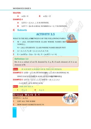 Mathematics Grade 9
112
Solution:
a n (S) = 0
Example 4
a Let E = {2, 4, 6,
b Let T = {xx is a real number and 0 
C Subsets
What is the relationship between each
1 M = {all students in
vowel};
N = {all students in your
2 A = {1, 3, 5, 7}; B = {1, 2, 3, 4,
3 E = {x∈ℝ(x – 2) (x
Note: If A is not a subset of B, then we denote this by A
Example 5 Let ℤ = {xx
Since each element of
Example 6 Let G = {–1, 0, 1, 2, 3} and H = {0, 1, 2, 3, 4, 5}
–1 ∈G but –1 ∉ H, hence
Note: For any set A
i ∅ ⊆ A
G r o u p W o r k
G r o u p W o r k
G r o u p W o r k
G r o u p W o r k
Given A = {a, b, c}
1 List all the subsets of A.
2 How many subsets have you found?
Definition 3.3
Set A is a subset of set B,
element of B.
b n (S) = 12
Let E = {2, 4, 6,…}. E is infinite.
is a real number and 0  x  1}. T is infinite.
ACTIVITY 3.5
between each of the following pairs of sets?
M = {all students in your class whose names begin with a
N = {all students in your class whose names begin with E}
B = {1, 2, 3, 4, 5, 6, 7, 8}
– 3) = 0}; F = {x∈ℕ1  x  4}
f A is not a subset of B, then we denote this by A⊈ B.
x is an integer}; ℚ = {xx is a rational number}.
Since each element of ℤ is also an element of ℚ, then ℤ ⊆ ℚ
1, 0, 1, 2, 3} and H = {0, 1, 2, 3, 4, 5}
hence G ⊈ H.
ii A ⊆ A
G r o u p W o r k
G r o u p W o r k
G r o u p W o r k
G r o u p W o r k 3 . 1
3 . 1
3 . 1
3 . 1
List all the subsets of A.
How many subsets have you found?
Set A is a subset of set B, denoted by A ⊆ B, if each element of A is an
is a rational number}.
B, if each element of A is an
 