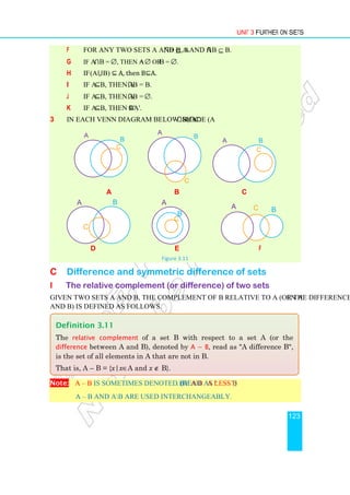 Unit 3 Further on Sets
123
f For any two sets A and B, A⋂B ⊆ A and A⋂B ⊆ B.
g If A⋂B = ∅, then A = ∅ or B = ∅.
h If (A⋃B) ⊆ A, then B⊆A.
i If A⊆B, then A⋂B = B.
j If A⊆B, then A⋂B = ∅.
k If A⊆B, then B'⊆A'.
3 In each Venn diagram below, shade (A⋂B)⋂C.
a b c
d e f
Figure 3.11
C Difference and symmetric difference of sets
i The relative complement (or difference) of two sets
Given two sets A and B, the complement of B relative to A (or the difference between A
and B) is defined as follows.
Note: A – B is sometimes denoted by AB. (read as “A less B”)
A – B and AB are used interchangeably.
Definition 3.11
The relative complement of a set B with respect to a set A (or the
difference between A and B), denoted by A − B, read as A difference B,
is the set of all elements in A that are not in B.
That is, A – B = {x|x∈A and x ∉ B}.
B
A
C
B
C
A
B
C
A
B
C
A
B
C
A
C
B
A
 