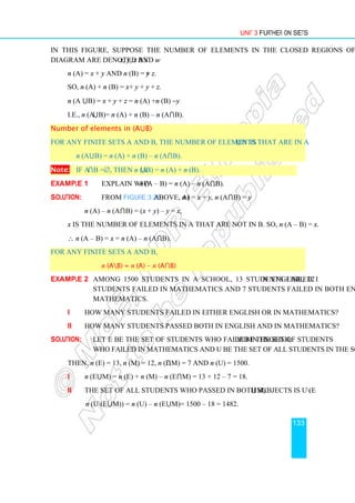Unit 3 Further on Sets
133
In this figure, suppose the number of elements in the closed regions of the Venn
diagram are denoted by x, y, z and w.
n (A) = x + y and n (B) = y + z.
So, n (A) + n (B) = x + y + y + z.
n (A ⋃B) = x + y + z = n (A) +n (B) −y
i.e., n (A⋃B)= n (A) + n (B) – n (A⋂B).
Number of elements in (A⋃B)
For any finite sets A and B, the number of elements that are in A⋃B is
n (A⋃B) = n (A) + n (B) – n (A⋂B).
Note: If A⋂B =∅, then n (A⋃B) = n (A) + n (B).
Example 1 Explain why n (A – B) = n (A) – n (A⋂B).
Solution: From Figure 3.26 above, n (A) = x + y, n (A⋂B) = y
n (A) – n (A⋂B) = (x + y) – y = x,
x is the number of elements in A that are not in B. So, n (A – B) = x.
∴ n (A – B) = x = n (A) – n (A⋂B).
For any finite sets A and B,
n (AB) = n (A) – n (A⋂B)
Example 2 Among 1500 students in a school, 13 students failed in English, 12
students failed in mathematics and 7 students failed in both English and
Mathematics.
i How many students failed in either English or in Mathematics?
ii How many students passed both in English and in Mathematics?
Solution: Let E be the set of students who failed in English, M be the set of students
who failed in mathematics and U be the set of all students in the school.
Then, n (E) = 13, n (M) = 12, n (E⋂M) = 7 and n (U) = 1500.
i n (E⋃M) = n (E) + n (M) – n (E⋂M) = 13 + 12 – 7 = 18.
ii The set of all students who passed in both subjects is U(E⋃M).
n (U(E⋃M)) = n (U) – n (E⋃M)= 1500 – 18 = 1482.
 