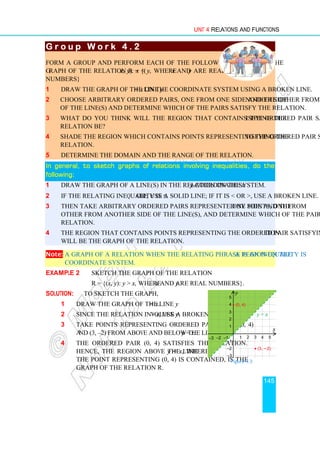Unit 4 Relations and Functions
145
G r o u p W o r k 4 . 2
G r o u p W o r k 4 . 2
G r o u p W o r k 4 . 2
G r o u p W o r k 4 . 2
Form a group and perform each of the following to sketch the
graph of the relation R = {(x, y): x  y, where x and y are real
numbers}
1 Draw the graph of the line y = x on the coordinate system using a broken line.
2 Choose arbitrary ordered pairs, one from one side and the other from another side
of the line(s) and determine which of the pairs satisfy the relation.
3 What do you think will the region that contains the ordered pair satisfying the
relation be?
4 Shade the region which contains points representing the ordered pair satisfying the
relation.
5 Determine the domain and the range of the relation.
In general, t
In general, t
In general, t
In general, to sketch graphs of relations
o sketch graphs of relations
o sketch graphs of relations
o sketch graphs of relations involving inequalities
involving inequalities
involving inequalities
involving inequalities,
,
,
, do the
do the
do the
do the
following:
following:
following:
following:
1 Draw the graph of a line(s) in the relation on the xy-coordinate system.
2 If the relating inequality is ≤ or ≥, use a solid line; if it is  or , use a broken line.
3 Then take arbitrary ordered pairs represented by points, one from one side and the
other from another side of the line(s), and determine which of the pairs satisfy the
relation.
4 The region that contains points representing the ordered pair satisfying the relation
will be the graph of the relation.
Note: A graph of a relation when the relating phrase is an inequality is a region on the
coordinate system.
Example 2 Sketch the graph of the relation
R = {(x, y): y  x, where x and y are real numbers}.
Solution: To sketch the graph,
1 Draw the graph of the line y = x.
2 Since the relation involves y  x, use a broken line.
3 Take points representing ordered pairs, say (0, 4)
and (3, –2) from above and below the line y = x.
4 The ordered pair (0, 4) satisfies the relation.
Hence, the region above the line y = x, where
the point representing (0, 4) is contained, is the
graph of the relation R.
Figure 4.3
x
y
y = x
1 2 3 4 5
1
2
3
4
5
−1
−2
−3
−1
−2
−3
• (3, −2)
• (0, 4)
 