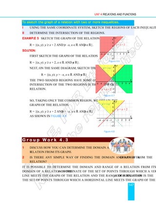 Unit 4 Relations and Functions
147
To sketch
To sketch
To sketch
To sketch the
the
the
the graph of a relation with two or more inequalities,
graph of a relation with two or more inequalities,
graph of a relation with two or more inequalities,
graph of a relation with two or more inequalities,
i Using the same coordinate system, sketch the regions of each inequality.
ii Determine the intersection of the regions.
Example 5 Sketch the graph of the relation
R = {(x, y): y ≥ x + 2 and y  –x, x ∈ℝ and y ∈ℝ}.
Solution:
First sketch the graph of the relation
R = {(x, y): y ≥ x + 2, x ∈ℝ and y ∈ℝ}.
Next, on the same diagram, sketch the graph of
R = {(x, y): y  –x, x ∈ℝ and y ∈ℝ}
The two shaded regions have some overlap. The
intersection of the two regions is the graph of the
relation.
Figure 4.7
So, taking only the common region, we obtain the
graph of the relation
R = {(x, y): y ≥ x + 2 and y  –x, x ∈ℝ and y ∈ℝ}
as shown in Figure 4.8.
Figure 4.8
G r o u p W o r k 4 . 3
G r o u p W o r k 4 . 3
G r o u p W o r k 4 . 3
G r o u p W o r k 4 . 3
1 Discuss how you can determine the domain and range of a
relation from its graph.
2 Is there any simple way of finding the domain and range from the graph of a
relation?
It is possible to determine the domain and range of a relation from its graph. The
domain of a relation is the x-coordinate of the set of points through which a vertical
line meets the graph of the relation and the range of a relation is the y-coordinate of
the set of points through which a horizontal line meets the graph of the relation.
Figure 4.6
y = x + 2
1 2 3 4
1
2
3
4
−1
−2
−3
−4
−1
−2
x
y
y = x + 2
1 2 3 4
1
2
3
4
−1
−2
−3
−4
−1
−2
−3
−5
x
y
y = −x
y = x + 2
1 2 3 4
1
2
3
4
−1
−2
−3
−4
−1
−2
5
x
y
y = −x
 