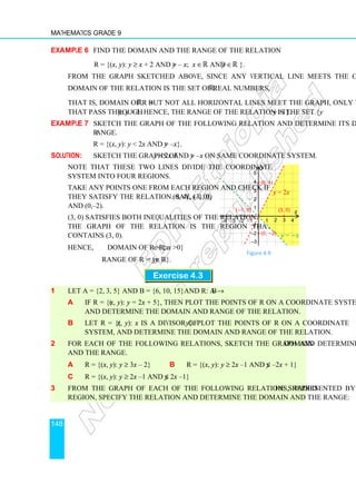 Mathematics Grade 9
148
Example 6 Find the domain and the range of the relation
R = {(x, y): y ≥ x + 2 and y  – x; x ∈ℝ and y ∈ℝ }.
From the graph sketched above, since any vertical line meets the graph, the
domain of the relation is the set of real numbers, ℝ.
That is, domain of R = ℝ. But not all horizontal lines meet the graph, only those
that pass through y: y  1. Hence, the range of the relation is the set {y: y 1}.
Example 7 Sketch the graph of the following relation and determine its domain and
range.
R = {(x, y): y  2x and y  –x}.
Solution: Sketch the graphs of y  2x and y  –x on same coordinate system.
Note that these two lines divide the coordinate
system into four regions.
Take any points one from each region and check if
they satisfy the relation. Say, (3, 0), (0, 4), (–1, 0)
and (0,–2).
(3, 0) satisfies both inequalities of the relation. So
the graph of the relation is the region that
contains (3, 0).
Hence, Domain of R = {x∈ℝ: x 0}
Range of R = {y: y∈ℝ}.
Exercise 4.3
1 Let A = {2, 3, 5} and B = {6, 10, 15}and R: A → B
a If R = {(x, y): y = 2x + 5}, then plot the points of R on a coordinate system,
and determine the domain and range of the relation.
b Let R = {(x, y): x is a divisor of y}. Plot the points of R on a coordinate
system, and determine the domain and range of the relation.
2 For each of the following relations, sketch the graph and determine the domain
and the range.
a R = {(x, y): y ≥ 3x – 2} b R = {(x, y): y ≥ 2x –1 and y ≤ –2x + 1}
c R = {(x, y): y ≥ 2x –1 and y ≤ 2x –1}
3 From the graph of each of the following relations, represented by the shaded
region, specify the relation and determine the domain and the range:
Figure 4.9
y = 2x
1 2 3 4
1
2
3
4
−1
−2
−3
−4
−1
−2
−3
x
y
y = −x
5
(3, 0)
•
• (0, 4)
(−1, 0)
•
• (0, −2)
 