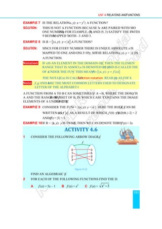Example 7 Is the relation R = {(
Solution: This is not a function because numbers for
one number
9 being mapped to
Example 8 Is R = {( , ):
x y y x
Solution: Since for every number there is unique absolute value, each number
mapped to one and only one number
a function.
Notation: If x is an element in the domain of a function
range that is associated with
of x under the function
The notation
Note: f, g and h are the most common letters used to designate a function. But, any
letter of the alphabet can be used.
A function from A to B can sometimes be denoted as
A and the range of f is a subset of B, in which case we say B
elements of A under the function
Example 9 Consider the function R
written as f (
and f (3) = |3| = 3.
Example 10 If R = {(x, y):
1 Consider the following arrow diagram of a function
Find an algebraic rule for
2 For each of the following functions find the domain and the range
a f (x) = 5x – 1
Unit 4 Relations and
Is the relation R = {(x, y): x = y2
} a function?
This is not a function because numbers for x are paired with more than
in y. For example, (9, –3) and (9, 3) satisfy the relation
mapped to both –3 and 3.
}
( , ):
x y y x
= a function?
nce for every number there is unique absolute value, each number
mapped to one and only one number y, so the relation R = {(
is an element in the domain of a function f, then the element in the
range that is associated with x is denoted by f (x) and is called the image
under the function f. This means {( , ): ( )
f x y y f x
= =
The notation f (x) is called function notation. Read f (x) as “
are the most common letters used to designate a function. But, any
letter of the alphabet can be used.
A function from A to B can sometimes be denoted as f: A→B, where the domain of
subset of B, in which case we say B contains the images of the
function f.
Consider the function R = {(x, y): y = x }. Here the rule y
(x) = x As a result of which, f (0) = |0| = 0, f
(3) = |3| = 3.
): y is twice x}, then we can denote this function
ACTIVITY 4.6
Consider the following arrow diagram of a function f.
Figure 4.12
Find an algebraic rule for f.
For each of the following functions find the domain and the range:
b f (x) = x2
c f (x) =
2
3
x −
0
1
2
3
0
6
9
3
f
Relations and Functions
151
are paired with more than
3) and (9, 3) satisfy the relation with
nce for every number there is unique absolute value, each number x is
the relation R = {(x, y): y = x }is
, then the element in the
) and is called the image
}
( , ): ( )
f x y y f x
) as “f of x”.
are the most common letters used to designate a function. But, any
B, where the domain of f is
contains the images of the
= x can be
f (−2) = |−2| = 2
}, then we can denote this function by f (x) = 2x.
:
 