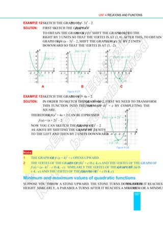 Unit 4 Relations and Functions
167
Example 12 Sketch the graph of f (x) = (x – 3)2
– 2.
Solution: First sketch the graph of f (x) = x2
.
To obtain the graph of f (x) = (x – 3)2
shift the graph of f (x) = x2
to the
right by 3 units so that the vertex is at (3, 0). After this, to obtain the
graph of f (x) = (x – 3)2
– 2, shift the graph of f (x) = (x – 3)2
by 2 units
downward so that the vertex is at (3, –2).
a b c
Figure 4.27
Example 13 Sketch the graph of f (x) = x2
+ 4x + 2.
Solution: In order to sketch the graph of f (x) = x2
+4x+2, first we need to transform
this function into the form of f (x) = (x + k)2
+ c by completing the
square.
Therefore f (x) = x2
+ 4x + 2 can be expressed
f (x) = (x + 2)2
– 2
Now you can sketch the graph of f (x) = (x + 2)2
– 2
as above by shifting the graph of f (x) = x2
by 2 units
to the left and then by 2 units downward.
Figure 4.28
Note:
1 The graph of f (x) = (x + k)2
+ c opens upward.
2 The vertex of the graph of f (x) = (x + k)2
+ c is (–k, c) and the vertex of the graph of
f (x) = (x– k)2
– c is (k, –c). Similarly the vertex of the graph of f (x) = (x + k)2
– c is
(–k, –c) and the vertex of the graph of f (x) = (x – k)2
+ c is (k, c).
Minimum and maximum values of quadratic functions
Suppose you throw a stone upward. The stone turns down after it reaches its maximum
height. Similarly, a parabola turns after it reaches a maximum or a minimum y value.
f (x) = x2
1 2 3 4
1
2
3
4
−1
−2
−1
−2
−3
x
y
5
(0, 0)
1 2 3 4
1
2
3
4
−1
−2
−1
−2
−3
x
y
5
5 6
f (x) = (x − 3)2
(3, 0)
1 2 3 4
1
2
3
4
−1
−2
−1
−2
−3
x
y
5
5 6
f (x) = (x − 3)2
− 2
(3, −2)
1 2
1
2
3
4
−1
−2
−3
−4
−1
−2
−3
−5
x
y
5
f (x) = (x + 2)2
− 2
(−2, −2)
 