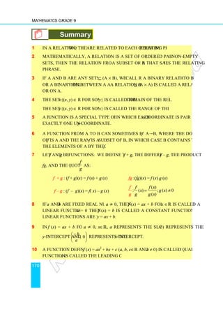Mathematics Grade 9
170
Summary
1 In a relation, two things
2 Mathematically, a relation is a set of ordered pairs. If A and B are two
sets, then the relation from A to B is
phrase.
3 If A and B are any sets and R
or a binary relation between A and B.
or on A.
4 The set {x: (x, y) ∈ R for some
The set {y: (x, y) ∈ R for some
5 A function is a special type of a relation
exactly one unique y-
6 A function from A to B can sometimes be denoted as
of f is A and the range of
the elements of A by the function
7 Let f and g be functions. We define the sum
fg, and the quotient
f
g
f + g : (f + g)(x
f – g : (f – g)(x
8 If a and b are fixed real numbers,
linear function. If a
linear functions are written as
9 In f (x) = ax + b for
y-intercept and 

 −
,
a
b
10 A function defined by
function. a is called the leading coefficient.
Summary
two things are related to each other by a relating phrase.
Mathematically, a relation is a set of ordered pairs. If A and B are two
sets, then the relation from A to B is a subset of A × B that satisf
If A and B are any sets and R ⊆ (A × B), we call R a binary relation from A
ion between A and B.A relation R ⊆ (A × A) is called a relation in
R for some y} is called the domain of the relation R
R for some x} is called the range of the relation R.
unction is a special type of a relation in which each x-coordinate is paired with
-coordinate.
A function from A to B can sometimes be denoted as f: A→B, where the domain
is A and the range of f is a subset of B, in which case B contains the images of
the elements of A by the function f.
functions. We define the sum f + g, the difference f
f
g
as:
x) = f (x) + g (x) fg :(fg)(x) = f (x) g
x) = f( x) – g (x)
( )
: ( ) ; ( ) 0
( )
f f x
x g x
g g x
f
g
= ≠
are fixed real numbers, a ≠ 0, then f (x) = ax + b for x
= 0 then f (x) = b is called a constant function. Sometimes
linear functions are written as y = ax + b.
for a ≠ 0, x∈ℝ, a represents the slope, (0, b



0
, represents the x-intercept.
A function defined by f (x) = ax2
+ bx + c (a, b, c∈ℝ and a ≠ 0) is called quadratic
is called the leading coefficient.
relating phrase.
Mathematically, a relation is a set of ordered pairs. If A and B are two non-empty
B that satisfies the relating
call R a binary relation from A to B
is called a relation in
domain of the relation R.
} is called the range of the relation R.
coordinate is paired with
B, where the domain
subset of B, in which case B contains the images of
f – g, the product
g (x)
: ( ) ; ( ) 0
x g x
= ≠
for x ∈ℝ is called a
is called a constant function. Sometimes
b) represents the
is called quadratic
 