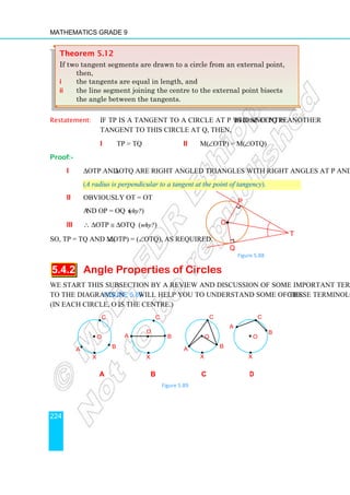 Mathematics Grade 9
224
Restatement: If TP is a tangent to a circle at P whose centre is O and TQ is another
tangent to this circle at Q, then,
i TP = TQ ii m(∠OTP) = m(∠OTQ)
Proof:-
i ∆OTP and ∆OTQ are right angled triangles with right angles at P and Q
(A radius is perpendicular to a tangent at the point of tangency).
ii Obviously OT = OT
and OP = OQ (why?)
iii ∴ ∆OTP ≅ ∆OTQ (why?)
So, TP = TQ and m(∠OTP) = (∠OTQ), as required.
5.4.2 Angle Properties of Circles
We start this subsection by a review and discussion of some important terms. Referring
to the diagrams in Figure 5.89 will help you to understand some of these terminologies.
(In each circle, O is the centre.)
a b c d
Figure 5.89
A•
•
•
• •
•
•
•
•
•
•
•
B
C
O
•
•
•
•
•
•
•
•
X
A •
•
•
• •
•
•
•
•
•
•
•
B
C
O
•
•
•
•
•
•
•
•
X
A
•
•
•
• •
•
•
•
•
•
•
•
B
C
O
•
•
•
•
•
•
•
•
X
A •
•
•
•
•
•
•
•
•
•
•
•
B
C
O
•
•
•
•
•
•
•
•
X
Theorem 5.12
If two tangent segments are drawn to a circle from an external point,
then,
i the tangents are equal in length, and
ii the line segment joining the centre to the external point bisects
the angle between the tangents.
Figure 5.88
O
P
T
Q
•
 