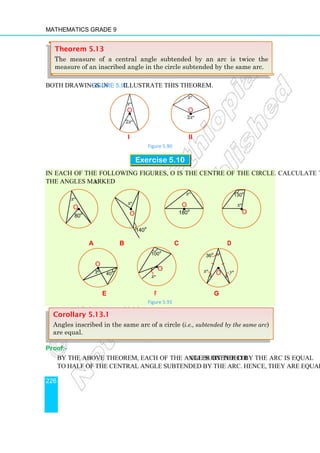 Mathematics Grade 9
226
Both drawings in Figure 5.90 illustrate this theorem.
i ii
Figure 5.90
Exercise 5.10
In each of the following figures, O is the centre of the circle. Calculate the measure of
the angles marked x.
a b c d
e f g
Figure 5.91
Proof:-
By the above theorem, each of the angles on the circle subtended by the arc is equal
to half of the central angle subtended by the arc. Hence, they are equal to each other.
Corollary 5.13.1
Angles inscribed in the same arc of a circle (i.e., subtended by the same arc)
are equal.
O
xo
100
o
•
O
xo
36
o
•
yo
O
xo
40
o
•
O
xo
80
o
•
O
xo
180
o
• O
xo
130
o
•
O
xo
140
o
•
•
O
xo
2xo
•
O
xo
2xo
Theorem 5.13
The measure of a central angle subtended by an arc is twice the
measure of an inscribed angle in the circle subtended by the same arc.
 