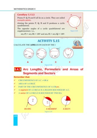 Mathematics Grade 9
228
Calculate the lettered angles in each of the following
a
5.4.3 Arc Length
Segments and Sectors
Remember that:
 Circumference of a circle = 2
 Area of a circle = πr2
 Part of the circumference of a circle is called an
 A segment of a circle is a region bounded by a chord and an arc
 A sector of a circle is bounded by two radii and an arc
An arc
ao
115o
100o
bo
O
•
Corollary 5.13.3
Points P, Q, R and S all lie on
concyclic points.
Joining the points P, Q
quadrilateral.
The opposite angles of a cyclic quadrilateral are
supplementary. i.e.,
m(∠P) + m(∠R) = 180
ACTIVITY 5.15
angles in each of the following:
b c d
Figure 5.96
Arc Lengths, Perimeters and Areas of
Segments and Sectors
Circumference of a circle = 2πr or πd.
2
.
Part of the circumference of a circle is called an arc.
of a circle is a region bounded by a chord and an arc.
of a circle is bounded by two radii and an arc.
A segment A sector
Figure 5.97
p
o
ro
110o
qo
82o
115o
xo
y
o
105o
82
o
Jo
ko
O
• B
A
O•
Points P, Q, R and S all lie on a circle. They are called
Joining the points P, Q, R and S produces a cyclic
posite angles of a cyclic quadrilateral are
R) = 180o
and m(∠S) + m(∠Q) = 180o
.
S
, Perimeters and Areas of
ho
P
R
Q
Figure 5.95
 