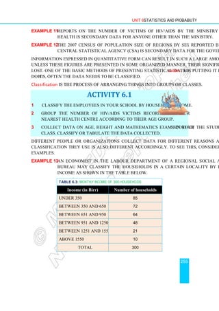 Unit 6 Statistics and Probability
255
Example 11 Reports on the number of victims of HIV/AIDS by the Ministry of
Health is secondary data for anyone other than the Ministry.
Example 12 The 2007 census of population size of regions by sex reported by the
Central Statistical Agency (CSA) is secondary data for the government.
Information expressed in quantitative form can result in such a large amount of data that
unless these figures are presented in some organized manner, their significance is easily
lost. One of the basic methods of presenting statistical data is putting it into tables. To
do this, often the data needs to be classified.
Classification is the process of arranging things into groups or classes.
ACTIVITY 6.1
1 Classify the employees in your school by household income.
2 Group the number of HIV/AIDS victims recorded in your
nearest health centre according to their age group.
3 Collect data on age, height and mathematics exam score of the students in your
class. Classify or tabulate the data collected.
Different people or organizations collect data for different reasons and the basis of
classification they use is also different accordingly. To see this, consider the following
examples.
Example 13 An economist in the Labour Department of a Regional Social Affairs
Bureau may classify the households in a certain locality by household
income as shown in the table below.
TABLE 6.3: Monthly income of 300 households
Income (in Birr) Number of households
Under 350 85
Between 350 and 650 72
Between 651 and 950 64
Between 951 and 1250 48
Between 1251 and 1550 21
above 1550 10
Total 300
 