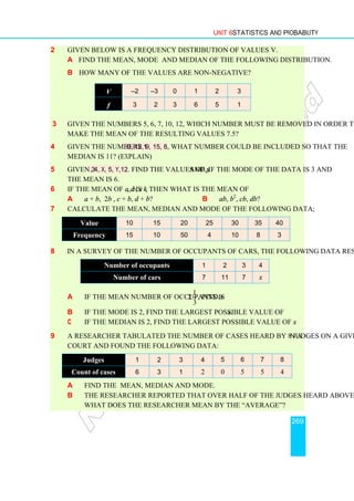 Unit 6 Statistics and Probability
269
2 Given below is a frequency distribution of values V.
a Find the mean, mode and median of the following distribution.
b How many of the values are non-negative?
3 Given the numbers 5, 6, 7, 10, 12, which number must be removed in order to
make the mean of the resulting values 7.5?
4 Given the numbers 10, 12, 9, 15, 8, what number could be included so that the
median is 11? (Explain)
5 Given 3, 4, x, 5, y,12. Find the values of x and y, if the mode of the data is 3 and
the mean is 6.
6 If the mean of a, b, c, d is k, then what is the mean of
a a + b, 2b , c + b, d + b? b ab, b2
, cb, db?
7 Calculate the mean, median and mode of the following data;
8 In a survey of the number of occupants of cars, the following data resulted.
a If the mean number of occupants is
1
2
3
, find x.
b If the mode is 2, find the largest possible value of x.
c If the median is 2, find the largest possible value of x.
9 A researcher tabulated the number of cases heard by 8 judges on a given day in a
court and found the following data:
a Find the mean, median and mode.
b The researcher reported that over half of the judges heard above “average”.
What does the researcher mean by the “average”?
Judges 1 2 3 4 5 6 7 8
Count of cases 6 3 1 2 0 5 5 4
Number of occupants 1 2 3 4
Number of cars 7 11 7 x
Value 10 15 20 25 30 35 40
Frequency 15 10 50 4 10 8 3
V –2 –3 0 1 2 3
f 3 2 3 6 5 1
 