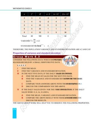 Mathematics Grade 9
274
x f xf x x
− 2
( )
x x
− 2
( )
f x x
−
2 3 6 -3 9 27
3 4 12 -2 4 16
5 4 20 0 0 0
6 5 30 1 1 5
8 4 32 3 9 36
Total 20 100 0 84
( )
2 84
Variance 4.2
20
σ = =
( )
Standard deviation 4.2 2.05
σ = ≈
Therefore, the population variance and standard deviation are 4.2 and 2.05 respectively.
Properties of variance and standard deviation
G r o u p W o r k 6 . 3
G r o u p W o r k 6 . 3
G r o u p W o r k 6 . 3
G r o u p W o r k 6 . 3
Consider the following data which shows the amount of sugar in
kilograms sold by a small shop for five days.
6, 4, 8, 9, 3
i Find the mean.
ii Find the variance and standard deviation.
iii In the next five days, if the daily sales each increase by two kg.
a Find the mean of sales for the next five days.
b Find the variance and standard deviation of the sales for the next five
days.
c Compare your answers above with those obtained in a and b above.
d Discuss the comparison you did above.
iv If the daily sales given for the first five days were doubled i.e. if the daily
sales were 12, 8, 16, 18 and 6,
a find the mean, variance and standard deviation.
b compare the above result with those one obtained in a and b and
discuss the results.
The above Group Work will help you to observe the following properties.
 