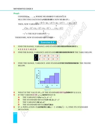 Mathematics Grade 9
276
Proof:-
Consider x1, x2, . . ., xn whose mean is x and variance is σ2
.
Multiplying each data value by c gives us a new mean of c x .
Then, new variance =
2 2 2 2
1 2 3
( c ) ( ) ( ) . . . ( )
n
cx x cx cx cx cx cx cx
n
− + − + − + + −
2 2 2 2 2
1 2 3
[( ) ( ) ( ) . . . ( ) ]
n
c x x x x x x x x
n
− + − + − + + −
=
= c2
× the old variance = c2
σ2
Therefore, new standard deviation = 2 2
c c
σ σ
=
Exercise 6.4
1 Find the range, variance and standard deviation of the following data.
4, 2, 3, 3, 2, 1, 4,3, 2, 6
2 Find the range, variance and standard deviation of the distribution in the table below.
3 Find the range, variance and standard deviation from the histogram in the figure
below.
0
1
2
3
4
5
1 2 3 4
Frequency
Value
Figure 6.4
4 What is the value of y, if the standard deviation of 8, 8, 8, 8, y, 8 is 0?
5 If the variance of a, b, c, d is k, then what is
a the variance of a + c, b + c, 2c, d + c?
b the standard deviation of a + c, b + c, 2c, d + c?
c the variance of ac, bc, c2
, dc?
d the standard deviation of ac, bc, c2
, dc?
6 If a population function x has mean M(x) = 2 and M(x2
) = 8, find its standard
deviation.
V –1 –2 0 1 2
f 2 1 3 3 1
 
