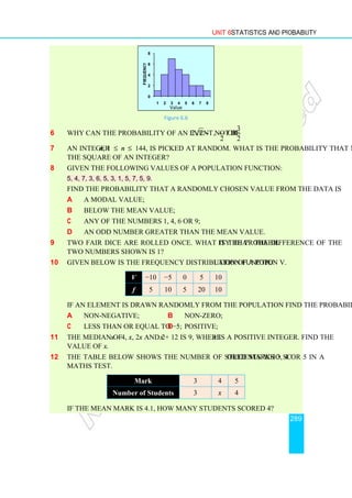 Unit 6 Statistics and Probability
289
0
2
4
6
8
1 2 3 4 5 6 7 8
Frequency
Value
Figure 6.6
6 Why can the probability of an event not be
3
2 2 or ?
2 2
π
π,
−
7 An integer n, 1 ≤ n ≤ 144, is picked at random. What is the probability that n is
the square of an integer?
8 Given the following values of a population function:
5, 4, 7, 3, 6, 5, 3, 1, 5, 7, 5, 9.
Find the probability that a randomly chosen value from the data is
a a modal value;
b below the mean value;
c any of the numbers 1, 4, 6 or 9;
d an odd number greater than the mean value.
9 Two fair dice are rolled once. What is the probability that the difference of the
two numbers shown is 1?
10 Given below is the frequency distribution of a population function V.
If an element is drawn randomly from the population find the probability that it is:
a non-negative; b non-zero;
c less than or equal to −5; d positive;
11 The median of x – 4, x, 2x and 2x + 12 is 9, where x is a positive integer. Find the
value of x.
12 The table below shows the number of students who scored marks 3, 4 or 5 in a
maths test.
If the mean mark is 4.1, how many students scored 4?
Mark 3 4 5
Number of Students 3 x 4
V −10 −5 0 5 10
f 5 10 5 20 10
 