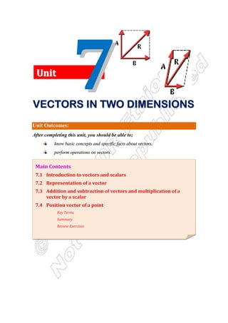 FFF
Unit Outcomes:
After completing this unit, you should be able to;
know basic concepts and specific facts about vectors.
perform operations on vectors.
Main Contents
7.1 Introduction to vectors and scalars
7.2 Representation of a vector
7.3 Addition and subtraction of vectors and multiplication of a
vector by a scalar
7.4 Position vector of a point
Key Terms
Summary
Review Exercises
U
Un
ni
it
t
V
V
V
V
V
V
V
VE
E
E
E
E
E
E
EC
C
C
C
C
C
C
CT
T
T
T
T
T
T
TO
O
O
O
O
O
O
OR
R
R
R
R
R
R
RS
S
S
S
S
S
S
S I
I
I
I
I
I
I
IN
N
N
N
N
N
N
N T
T
T
T
T
T
T
TW
W
W
W
W
W
W
WO
O
O
O
O
O
O
O D
D
D
D
D
D
D
DI
I
I
I
I
I
I
IM
M
M
M
M
M
M
ME
E
E
E
E
E
E
EN
N
N
N
N
N
N
NS
S
S
S
S
S
S
SI
I
I
I
I
I
I
IO
O
O
O
O
O
O
ON
N
N
N
N
N
N
NS
S
S
S
S
S
S
S
 
