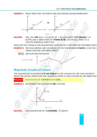 Unit 7 Vectors in Two Dimensions
295
Example 1 What does the vector in the following figure represent?
Figure 7.3
Solution: The vector AB has a length of 7 m and direction of East 30o
North
[E30o
N] (or a direction of North 60o
East [N60o
E]. Its initial point is A
and its terminal point is B.
What do you think is the magnitude (length) of a vector and the direction of a vector?
Example 2 The following are examples of vector representation. Can you determine
their lengths and directions?
Hint: Use ruler and protractor.
Figure 7.4
Magnitude (length) of vectors
The magnitude (length) of a vector OP


or simply u

is the length of the line segment
from the initial point O to the terminal point P, (the length of the directed line segment).
Notation: Magnitude of vector OP


is denoted as OP


.
Example 3 Determine the length of the vectorOP


.
Figure 7.5
Solution: The magnitude of the vector OP


is OP


= 5 (How?)
A
B
30o
7 m
A
B
60o
7 m
Figure 7.3
y
x
y
x
OR
O
P
(2, 3)
(1, 1)
y
x
 