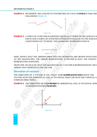 Mathematics Grade 9
296
Example 4 Determine the length in centimetres of each of the vectors shown in the
following Figure 7.6.
Figure 7.6
Example 5 A force of 10 pounds is exerted vertically down to the surface of the
earth and a force of 20 pounds is exerted parallel to the surface of the
earth from left to right. The geometric representation is
Figure 7.7
Here, notice that the arrows (directed line segments) are drawn with lengths proportional
to the magnitudes. The arrow representing 10 pounds is half the length of the arrow
representing 20 pounds.
From this, we realize that the magnitude of a vector is represented by the length of the
arrow that represents the vector.
Direction of vectors
The direction of a vector is the angle that is formed by the arrow (that represents the
vector) with the horizontal line at its initial point (or with the vertical line in the case of
compass directions).
Example 6 The direction of the vector u

from the horizontal line at its initial point,
as represented below, is 45o
. (or N45o
E)
Figure 7.8
45
o
x
y
u

 