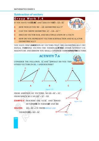 Mathematics Grade 9
304
Subtraction of vectors
G r o u p W o r k 7 . 4
G r o u p W o r k 7 . 4
G r o u p W o r k 7 . 4
G r o u p W o r k 7 . 4
If you have vectors AB, BC and AC

 
 

a How would you represent
b Can you show geometrically, that
c Discuss vector subtraction
d How do you represent vector subtraction and scalar multiplication of a vec
geometrically?
You have discussed addition of vectors that are geometrically described by placing the
initial point of one vector on
magnitude and direction. N
Consider the following vectors
other vectors in diagrams a
a
From addition of vectors, we recall that
from which we can see that
Example 6 Describe the vectors
determine CD


Solution: BD BC CD
= +

 
 

Therefore, CD BD BC.
= −

 
 

A
D
C
Subtraction of vectors
G r o u p W o r k 7 . 4
G r o u p W o r k 7 . 4
G r o u p W o r k 7 . 4
G r o u p W o r k 7 . 4
AB, BC and AC

 
 

such that AC AB BC
= +

 
 

How would you represent − AB


geometrically?
Can you show geometrically, that AC AB BC
− =
 
 

?
Discuss vector subtraction, and multiplication of a vector by a scalar.
How do you represent vector subtraction and scalar multiplication of a vec
addition of vectors that are geometrically described by placing the
of one vector onto the terminal point of the other without changing the
magnitude and direction. Now you shall consider the geometric subtraction of
ACTIVITY 7.6
Consider the following vectors, AC


and AD

. What do you think the
a, b and c describe?
b c
Figure 7.27
From addition of vectors, we recall that AB BC AC
+ =

 
 

,
from which we can see that BC AC AB
= −

 
 

.
Describe the vectors BC


and BD


and
CD


in terms of BC


and BD


.
BD BC CD
= +

 
 

from Triangle Law.
CD BD BC.
= −

 
 

E
A
D
C
A
D
B C
Figure 7.29
A
and multiplication of a vector by a scalar.
How do you represent vector subtraction and scalar multiplication of a vector
addition of vectors that are geometrically described by placing the
of the other without changing the
subtraction of vectors.
D
C
9
B
C
Figure 7.28
 