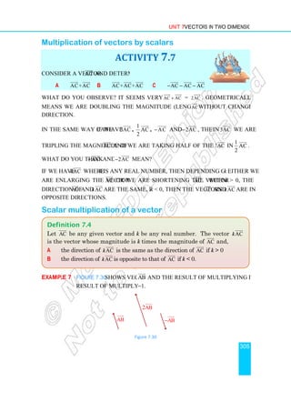 Multiplication of vectors by scalar
Consider a vector AC


and determine,
a AC+AC

 

b
What do you observe? It seems very natural that
means we are doubling the magnitude (length) of the vector
direction.
In the same way if we can
tripling the magnitude of AC


What do you think AC
−


and
If we have AC
k


where k is any real number, then depending on the value of
are enlarging the vector
direction of AC


and AC
k


are the same, but if
opposite directions.
Scalar multiplication of a vector
Example 7 Figure 7.30 shows vector
result of multiplying it by
Definition 7.4
Let AC


be any given vector and
is the vector whose magnitude is
a the direction of k
b the direction of AC
k


Unit 7 Vectors in Two Dimensions
Multiplication of vectors by scalars
ACTIVITY 7.7
and determine,
AC+AC+AC

 
 

c AC AC AC
− − −

 
 

What do you observe? It seems very natural that AC
AC + = AC
2 . Geometrically this
means we are doubling the magnitude (length) of the vector ACwithout changing the
can have 3AC


,
1
AC
2


, AC
−


and 2AC
−


, then
AC


and we are taking half of the magnitude of


and 2AC
−


mean?
is any real number, then depending on the value of
AC


or we are shortening the vectorAC


. When


are the same, but if k  0, then the vectors AC
Scalar multiplication of a vector
shows vector AB


and the result of multiplying it by 2 and the
result of multiplying it by −1.
Figure 7.30
AB

AB
2

AB
−

be any given vector and k be any real number. The vector
is the vector whose magnitude is k times the magnitude of AC


AC
k


is the same as the direction of AC


if
AC
k


is opposite to that of AC


if k  0.
Vectors in Two Dimensions
305

 
 

. Geometrically this
without changing the
then in 3AC


we are
and we are taking half of the magnitude of AC


in
1
AC
2


.
is any real number, then depending on the value of k either we
. When k  0, the
AC and AC
k


are in
and the result of multiplying it by 2 and the
be any real number. The vector AC
k


AC


and,
if k  0
 