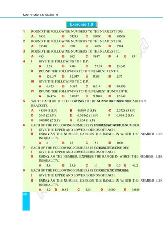 Mathematics Grade 9
48
Exercise 1.9
1 Round the following numbers to the nearest 1000.
a 6856 b 74245 c 89000 d 99500
2 Round the following numbers to the nearest 100.
a 78540 b 950 c 14099 d 2984
3 Round the following numbers to the nearest 10.
a 485 b 692 c 8847 d 4 e 83
4 i Give the following to 1 d.p.
a 5.58 b 4.04 c 157.39 d 15.045
ii Round the following to the nearest tenth.
a 157.39 b 12.049 c 0.98 d 2.95
iii Give the following to 2 d.p.
a 6.473 b 9.587 c 0.014 d 99.996
iv Round the following to the nearest hundredth.
a 16.476 b 3.0037 c 9.3048 d 12.049
5 Write each of the following to the number of significant figures indicated in
brackets.
a 48599 (1 s.f) b 48599 (3 s.f) c 2.5728 (3 s.f)
d 2045 (2 s.f) e 0.08562 (1 s.f) f 0.954 (2 s.f)
g 0.00305 (2 s.f) h 0.954 (1 s.f)
6 Each of the following numbers is expressed to the nearest whole number.
i Give the upper and lower bounds of each.
ii Using x as the number, express the range in which the number lies as an
inequality.
a 6 b 83 c 151 d 1000
7 Each of the following numbers is correct to one decimal place.
i Give the upper and lower bounds of each.
ii Using x as the number, express the range in which the number lies as an
inequality.
a 3.8 b 15.6 c 1.0 d 0.3 e –0.2
8 Each of the following numbers is correct to two significant figures.
i Give the upper and lower bounds of each.
ii Using x as the number, express the range in which the number lies as an
inequality.
a 4.2 b 0.84 c 420 d 5000 e 0.045
 